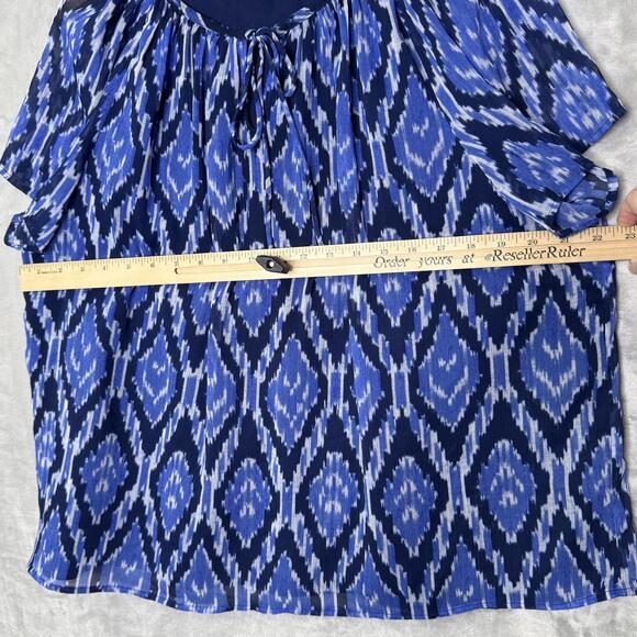 Talbots Blouse Womens XLP Petite Ikat Print Short Sleeve Tie Neck Top Polyester - Picture 7 of 9